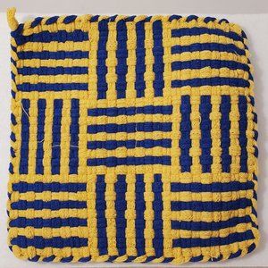 large handmade woven potholder cotton 8 inches blue gold WVU striped pot holder